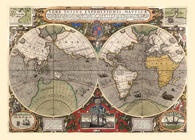 Wereldkaart 1595 Hondius Vera Totius